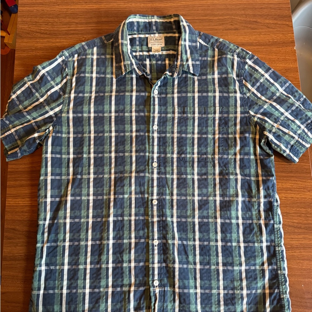 L.L. Bean Navy and Green Checkered Men's Shirt
